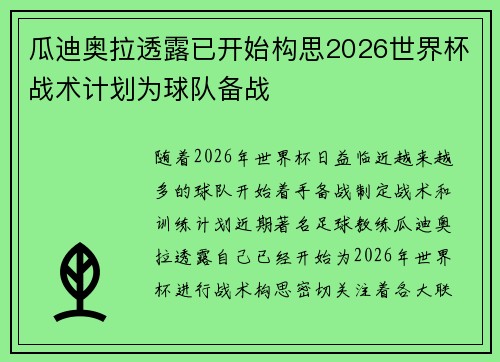 瓜迪奥拉透露已开始构思2026世界杯战术计划为球队备战