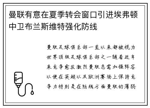 曼联有意在夏季转会窗口引进埃弗顿中卫布兰斯维特强化防线